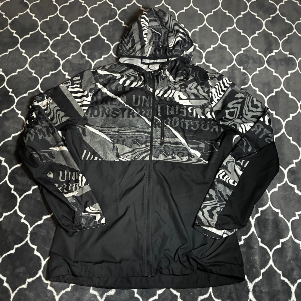 Adidas Mens Running Windbreaker Jacket Black Grey Graphic Hooded Full Zip L